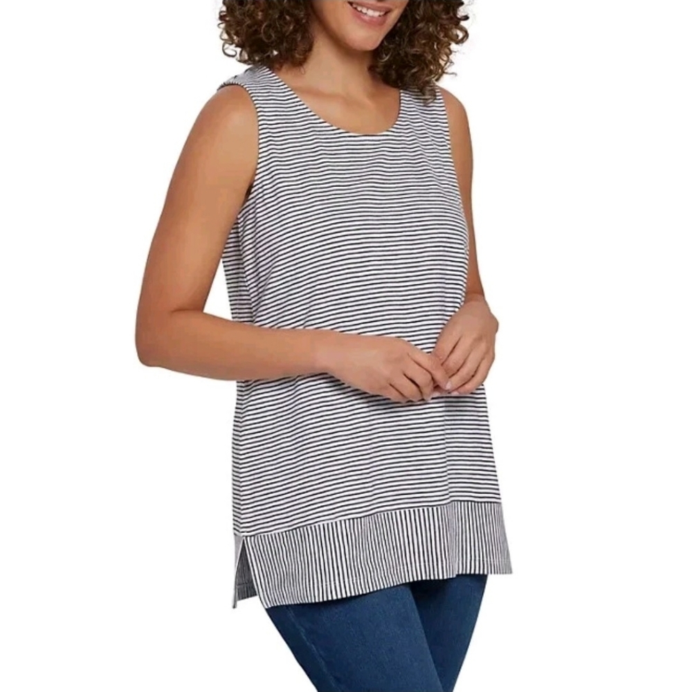 Lands End Womens Size XS Split Hem Tank Top Black & White Striped 100% Cotton